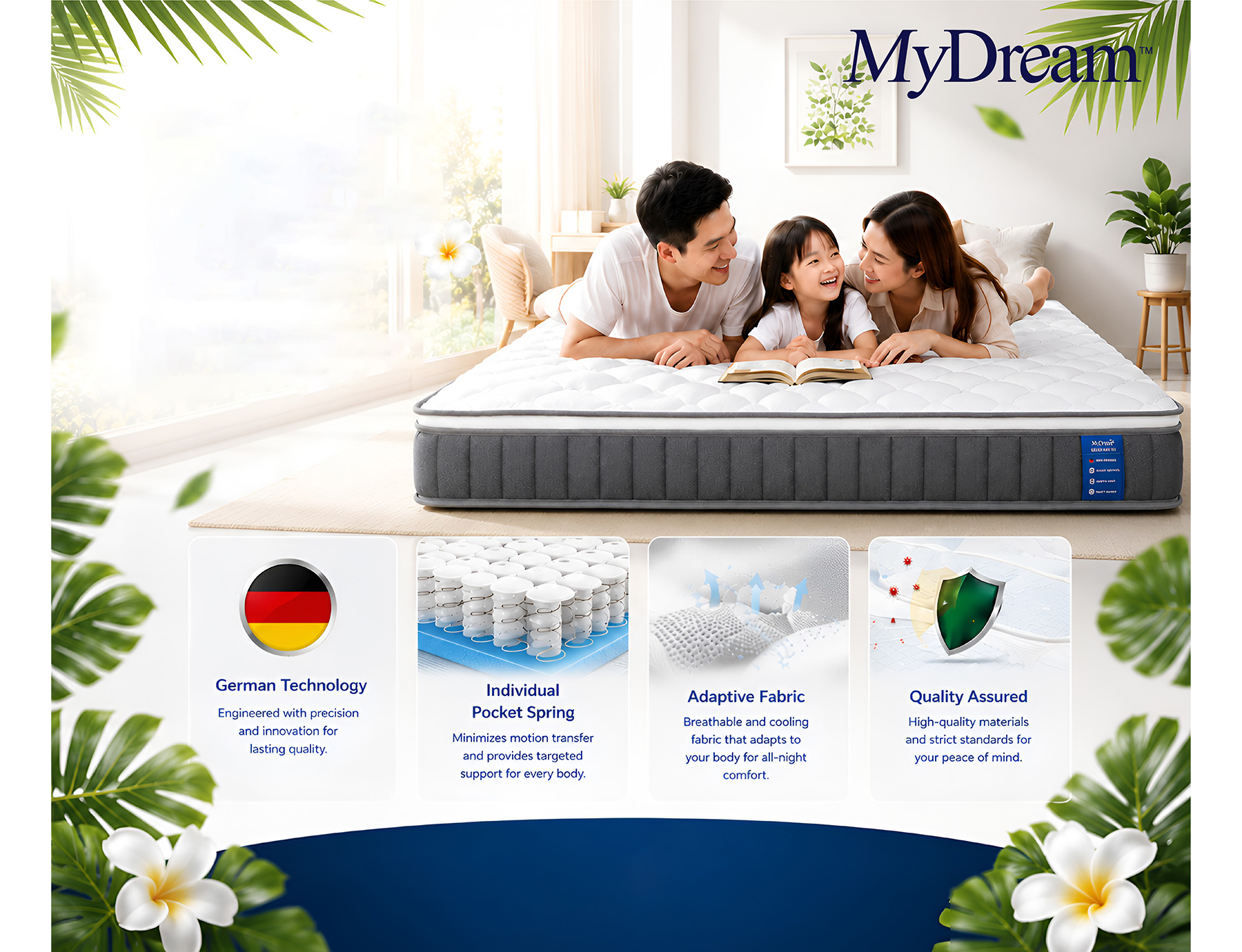MYDREAM MATTRESS 5-ZONE-POCKET-SPRING QUEEN-SIZE 160x200x23CM