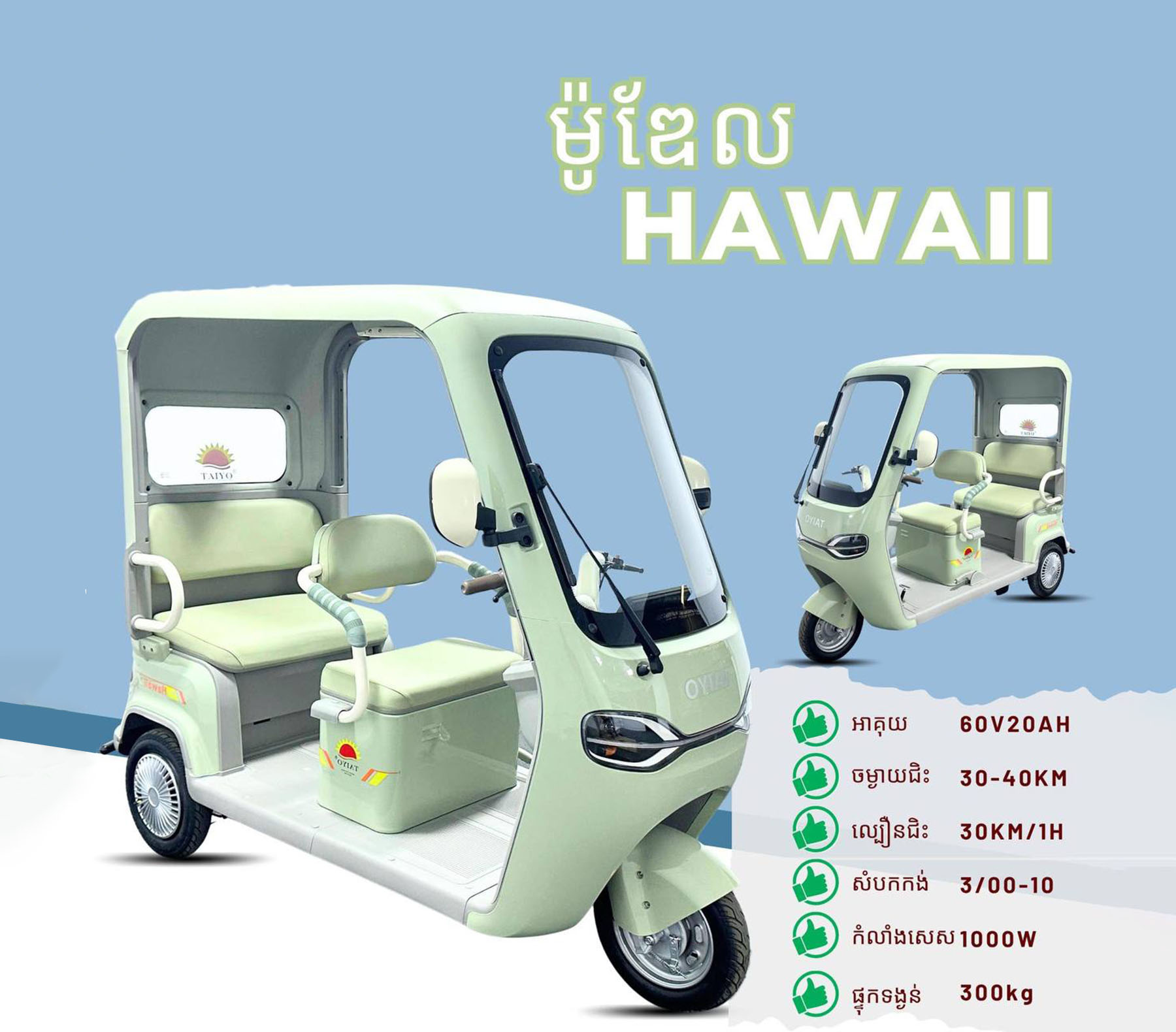 TAIYO HAWAII SERIES EV-BIKE 3-WHEELS MAX40KM/30KM/H/300KG 60V/20AH